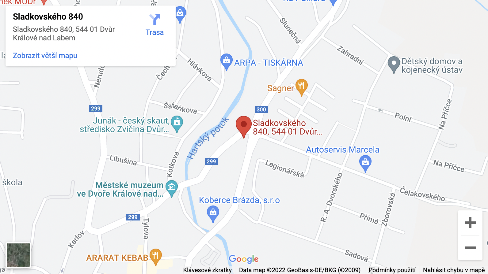 Mapa ZŠ a MŠ při léčebně zrakových vad, Dvůr Králové nad Labem